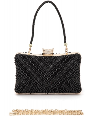 Pearl Rhinestone Convertible Box Clutch VPEARL BLACK